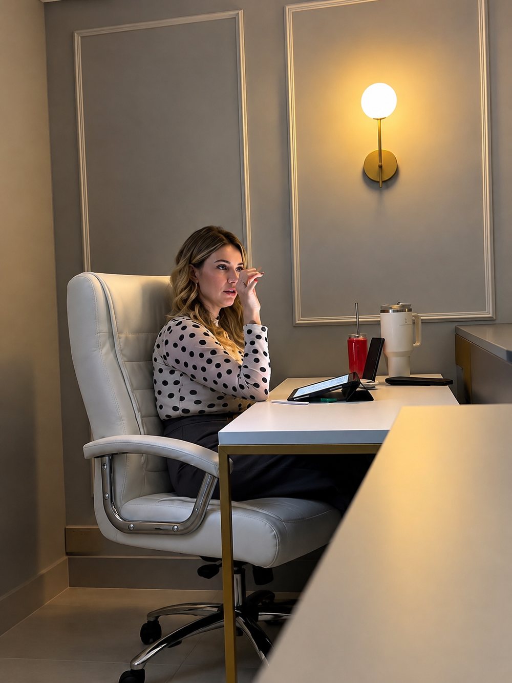 Núbia sentada à mesa, dando aula no studio